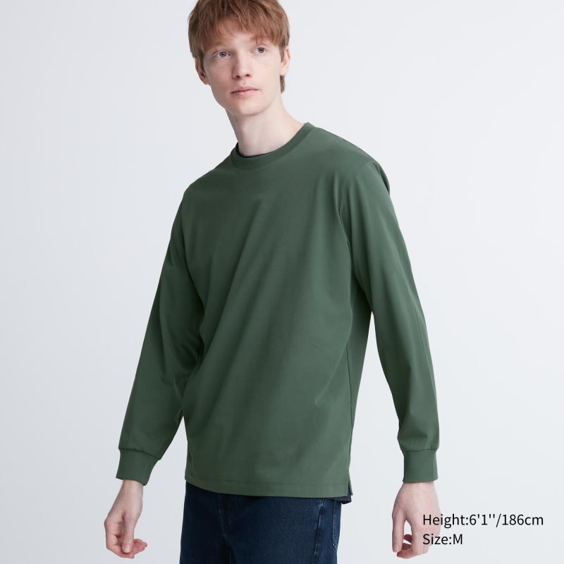 Green Uniqlo Airism Cotton Uv Protection Crew Neck Long-sleeve Men T Shirts | 8730197