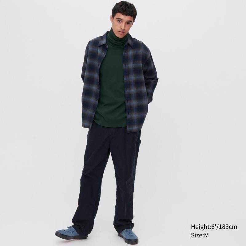 Green Uniqlo Brushed Cotton Turtleneck Long-sleeve Men T Shirts | 9065694