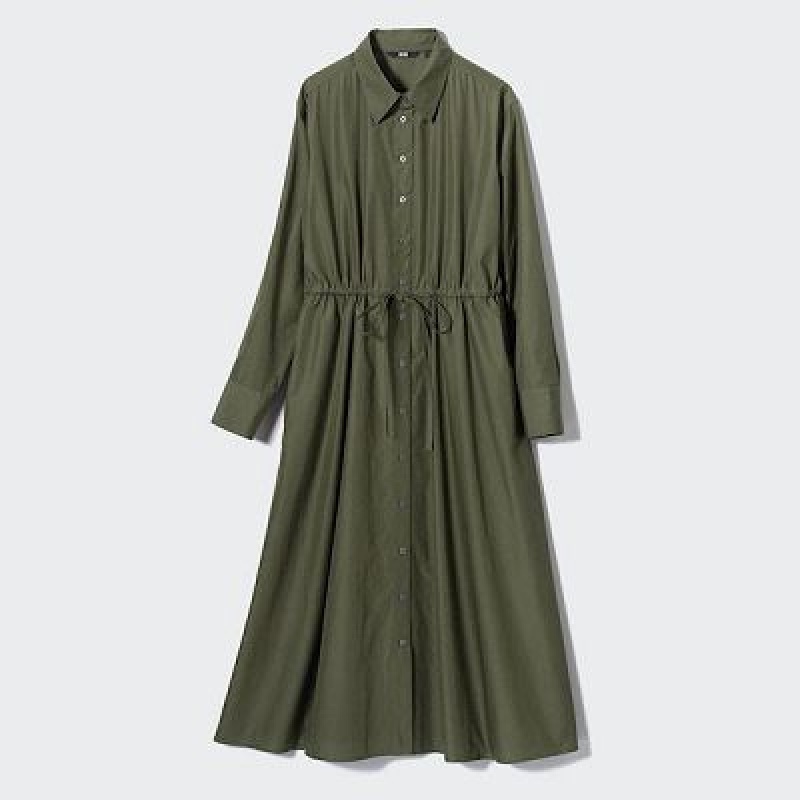 Green Uniqlo Cotton Long-Sleeve Women Dress | 2799760