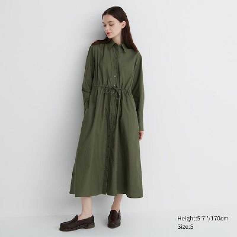 Green Uniqlo Cotton Long-Sleeve Women Dress | 2799760