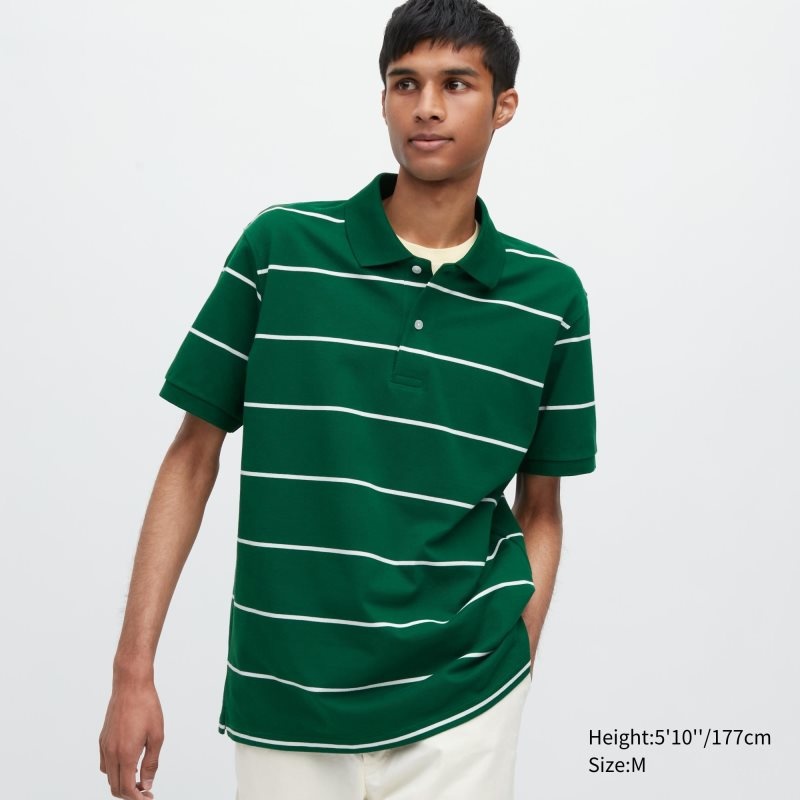 Green Uniqlo Dry Pique Striped Short-sleeve Men Polo Shirts | 7628705