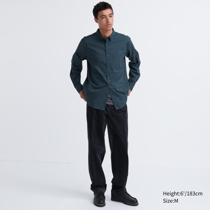Green Uniqlo Extra Fine Cotton Broadcloth Checked Long-sleeve Men Shirts | 3685475
