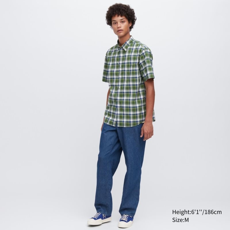 Green Uniqlo Extra Fine Cotton Short-sleeve Men Shirts | 7120572