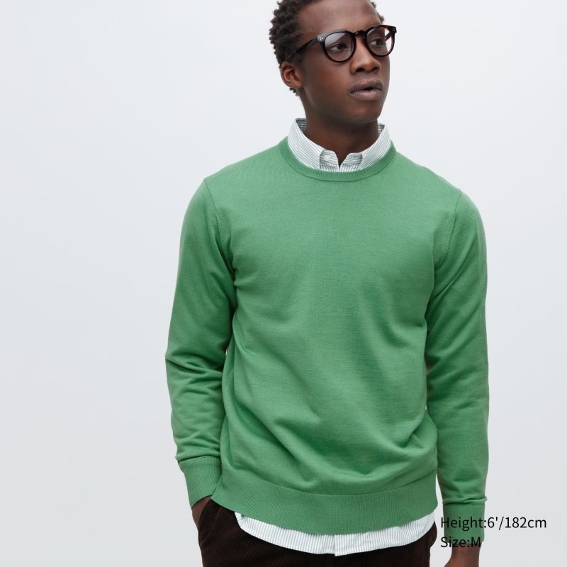 Green Uniqlo Extra Fine Merino Crew Neck Men Sweaters | 9513674