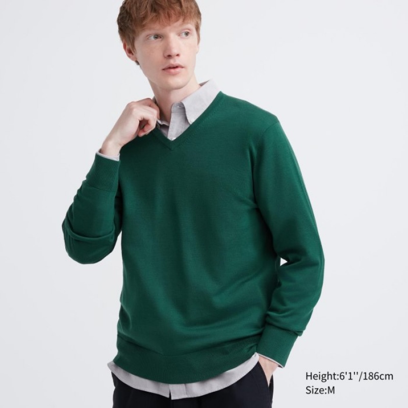 Green Uniqlo Extra Fine Merino V-Neck Long-Sleeve Women Sweaters | 8767761