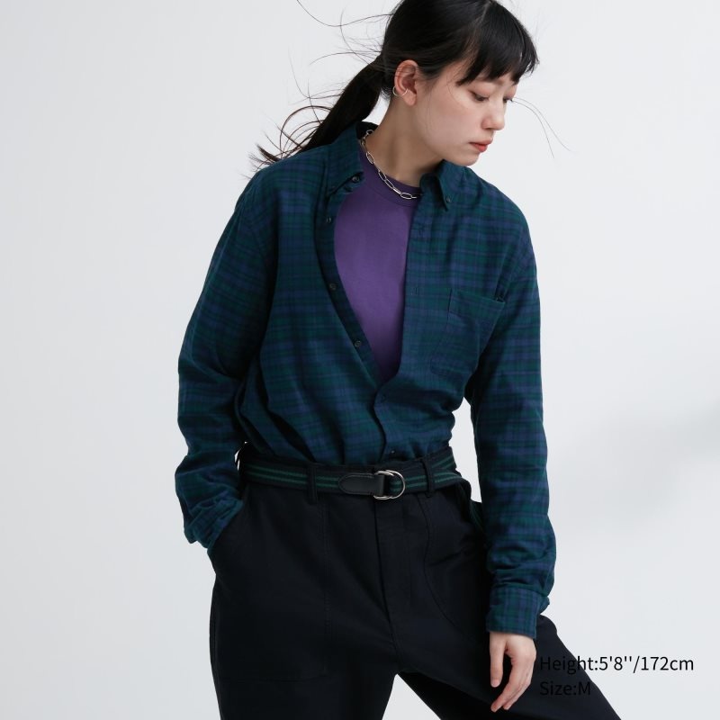 Green Uniqlo Flannel Checked Long Sleeve Men Shirts | 7758620