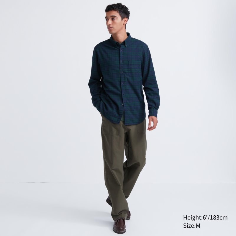Green Uniqlo Flannel Checked Long Sleeve Men Shirts | 7758620
