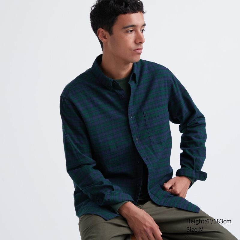 Green Uniqlo Flannel Checked Long Sleeve Men Shirts | 7758620