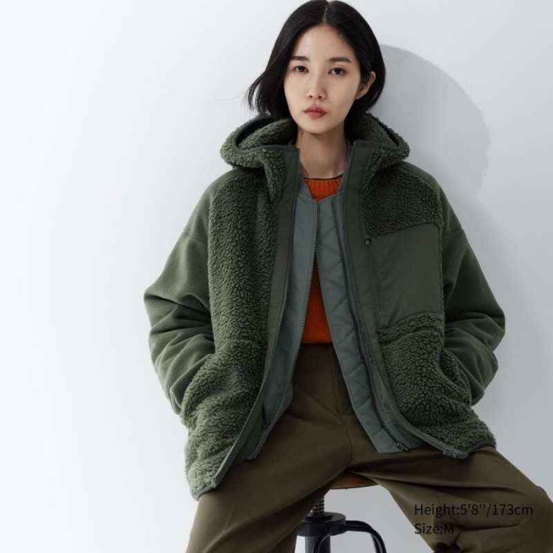 Green Uniqlo Fleece Full-Zip Long-Sleeve Women Hoodie | 6580937