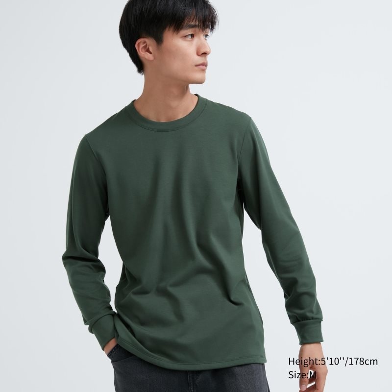 Green Uniqlo Heattech Ultra Warm Crew Neck Men T Shirts | 2186674