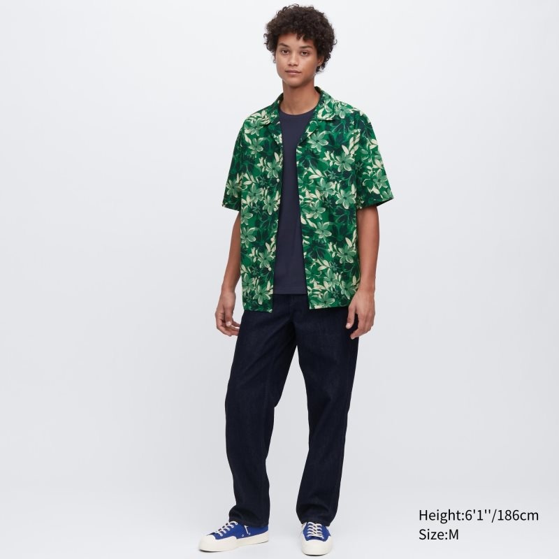 Green Uniqlo Open Collar Short-sleeve Men Shirts | 1499067