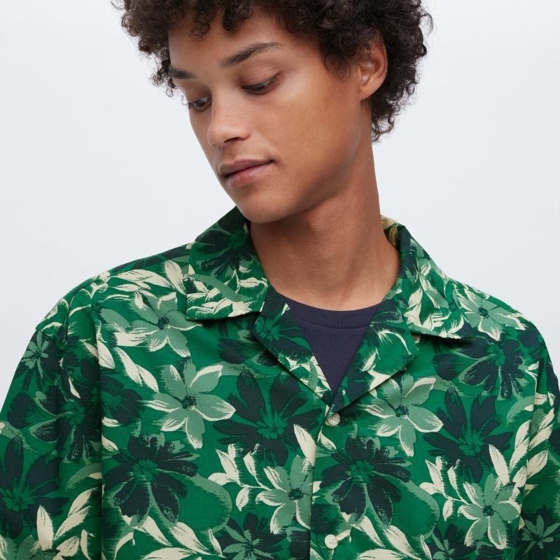 Green Uniqlo Open Collar Short-sleeve Men Shirts | 1499067
