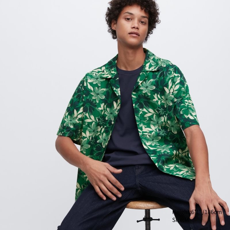 Green Uniqlo Open Collar Short-sleeve Men Shirts | 1499067