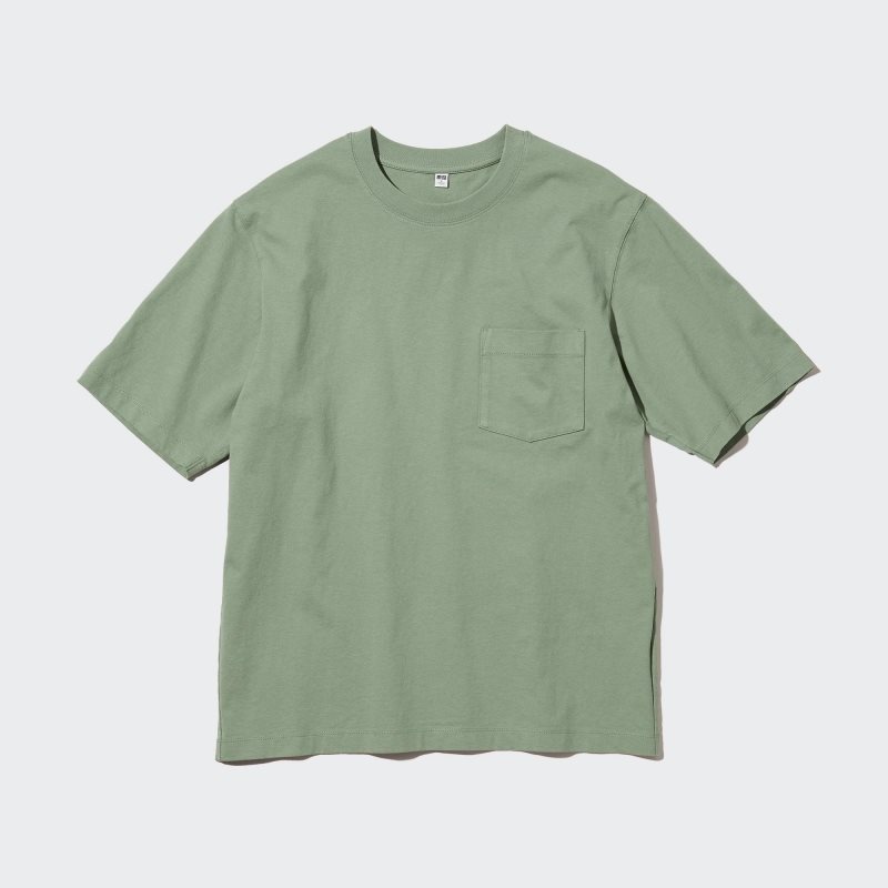 Green Uniqlo Oversized Pocket Crew Neck Half-sleeve Men T Shirts | 2687656