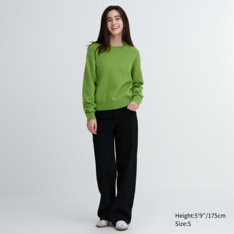 Green Uniqlo Premium Lambswool Crew Neck Long-sleeve Women Sweaters | 3158629