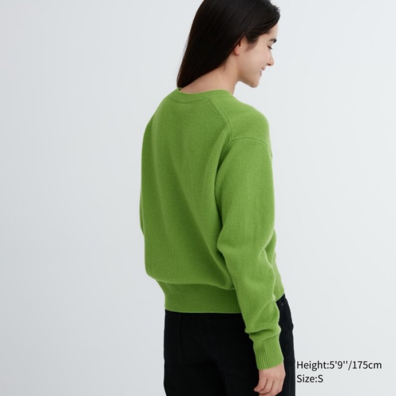 Green Uniqlo Premium Lambswool Crew Neck Long-sleeve Women Sweaters | 3158629
