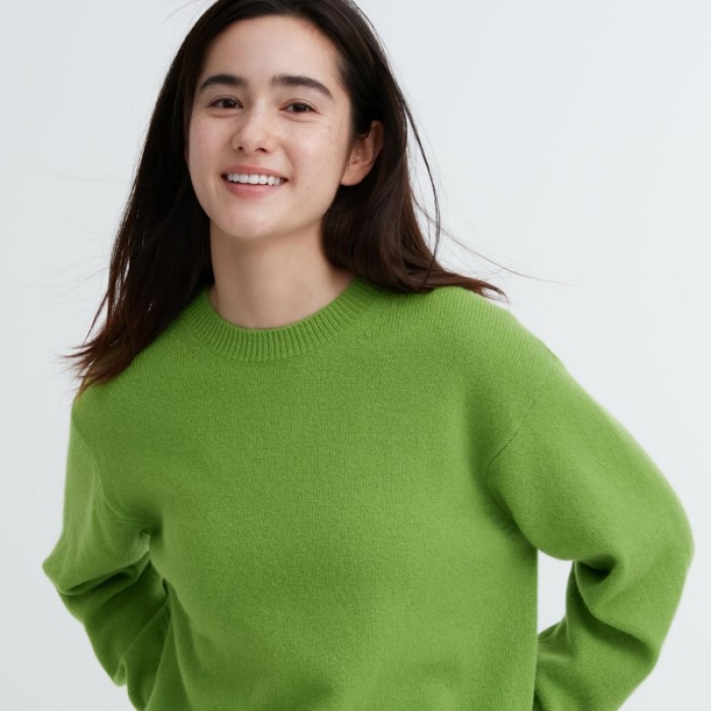 Green Uniqlo Premium Lambswool Crew Neck Long-sleeve Women Sweaters | 3158629