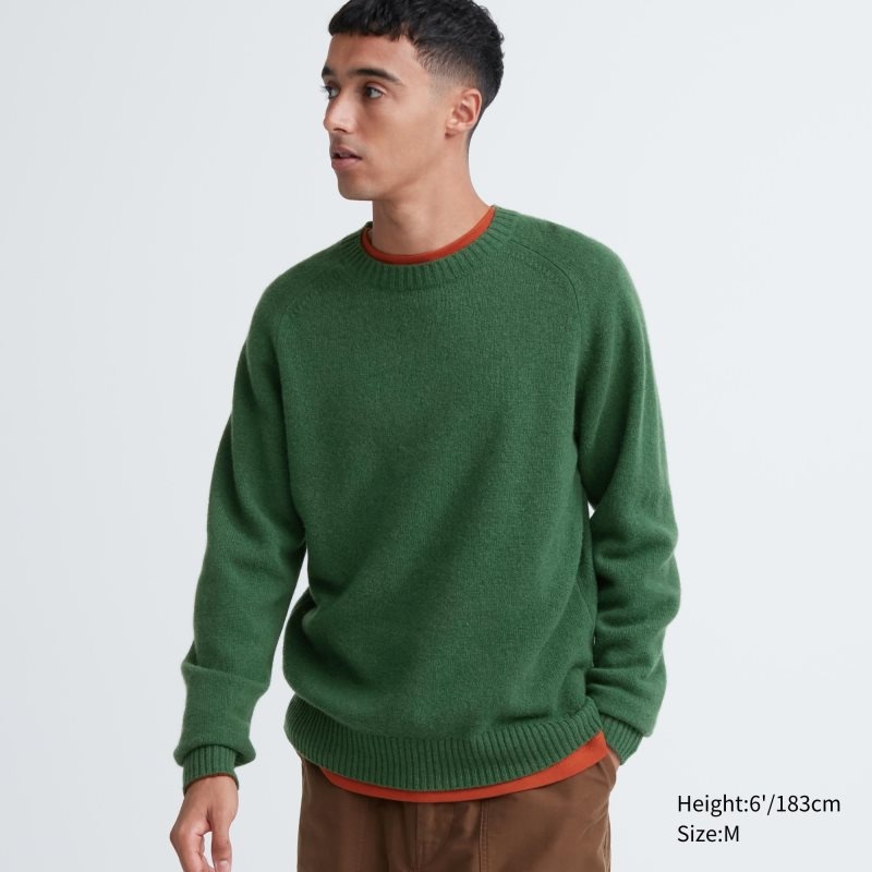 Green Uniqlo Premium Lambswool Crew Neck Long Sleeve Men Sweaters | 7909616