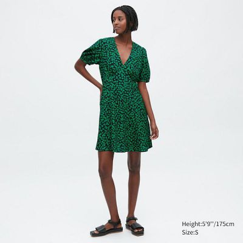 Green Uniqlo Printed V-Neck Short-Sleeve Mini Women Dress | 5587915