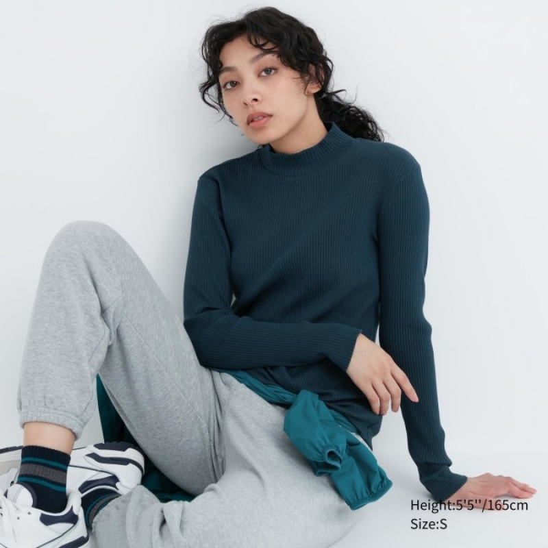 Green Uniqlo Ribbed High Neck Long-Sleeve Women T Shirts | 146074