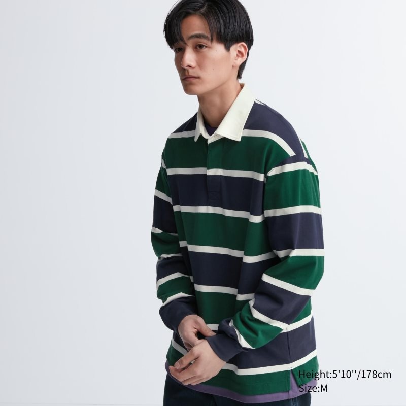 Green Uniqlo Rugger Long-sleeve Men Polo Shirts | 8787866