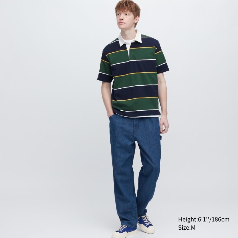 Green Uniqlo Rugger Striped Short Sleeve Men Polo Shirts | 4280322