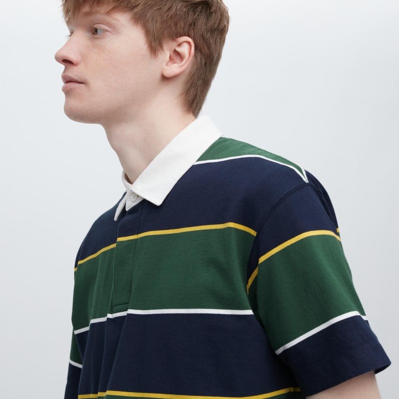 Green Uniqlo Rugger Striped Short Sleeve Men Polo Shirts | 4280322