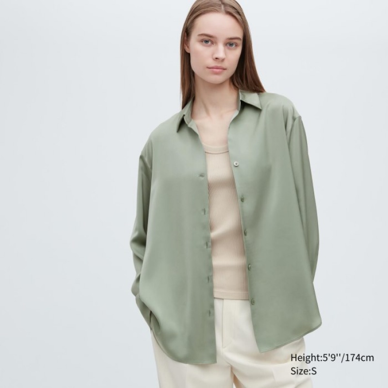 Green Uniqlo Satin Long-Sleeve Women Blouse | 2982185