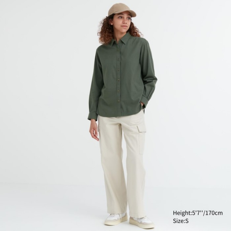 Green Uniqlo Soft Brushed Long-Sleeve Women Shirts | 8399848