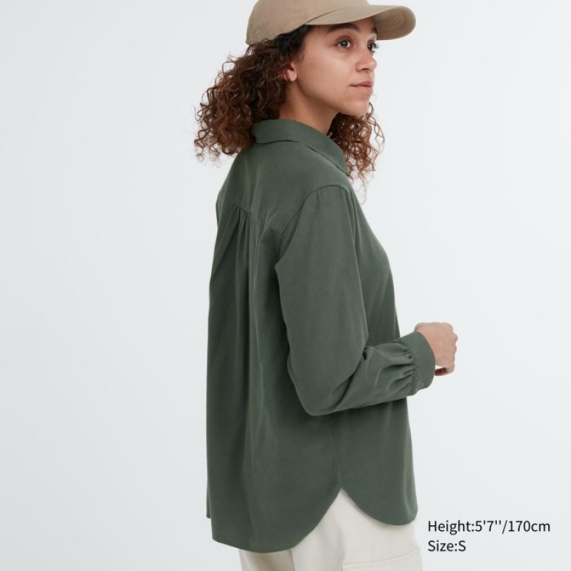 Green Uniqlo Soft Brushed Long-Sleeve Women Shirts | 8399848