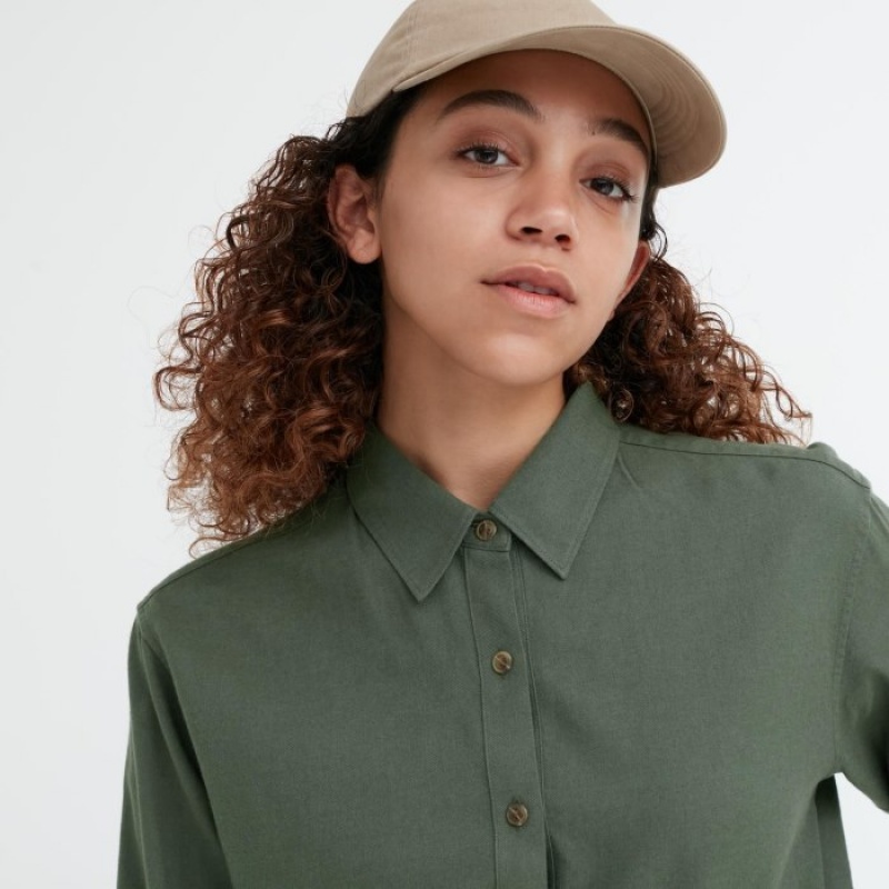 Green Uniqlo Soft Brushed Long-Sleeve Women Shirts | 8399848