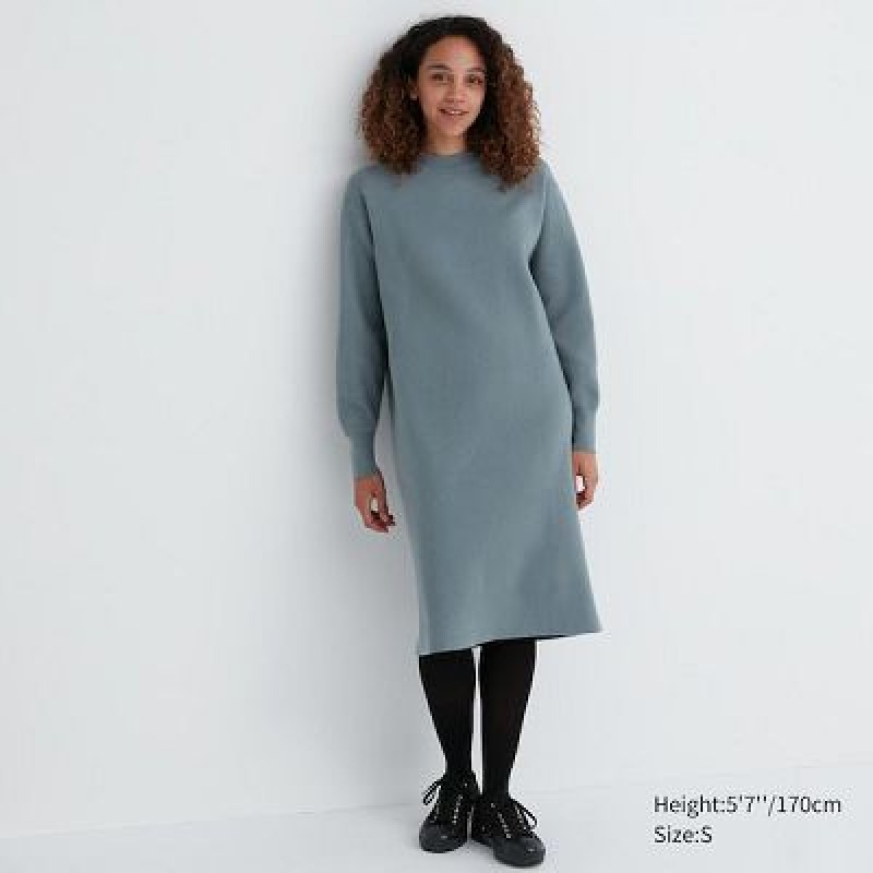 Green Uniqlo Souffle Yarn Long-Sleeve Women Dress | 1010656