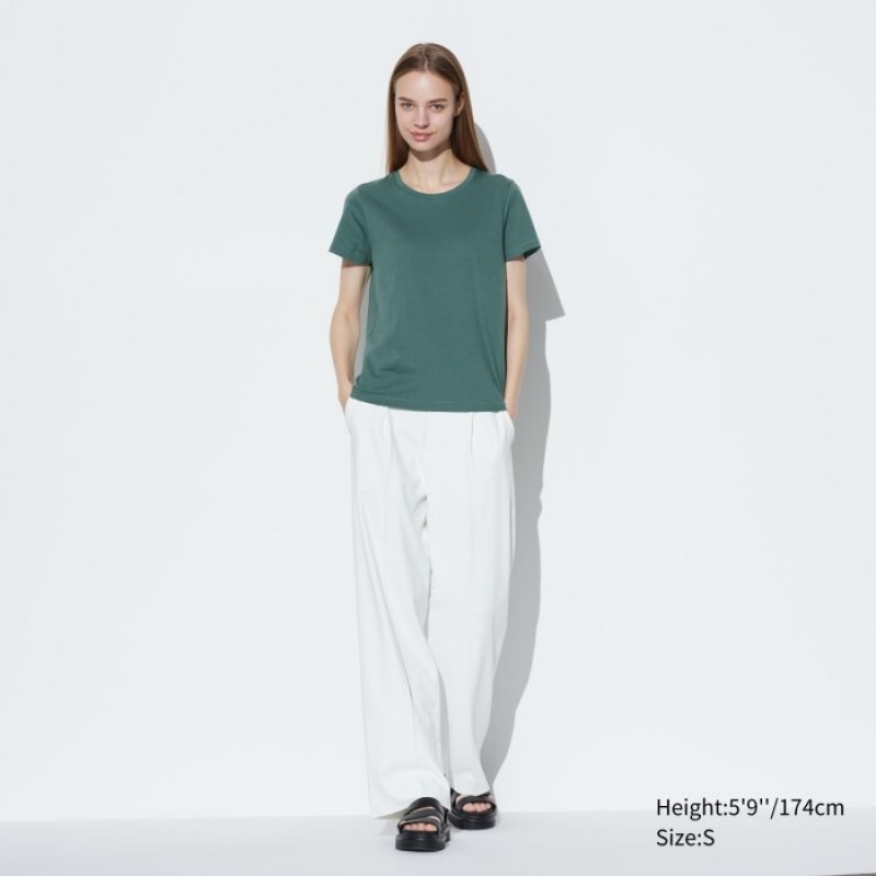 Green Uniqlo Supima Cotton Crew Neck Short Sleeve Women T Shirts | 3513922
