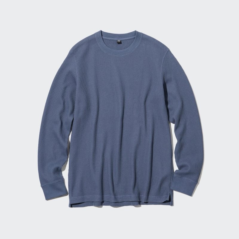 Green Uniqlo Waffle Crew Neck Long-Sleeve Men T Shirts | 5280219