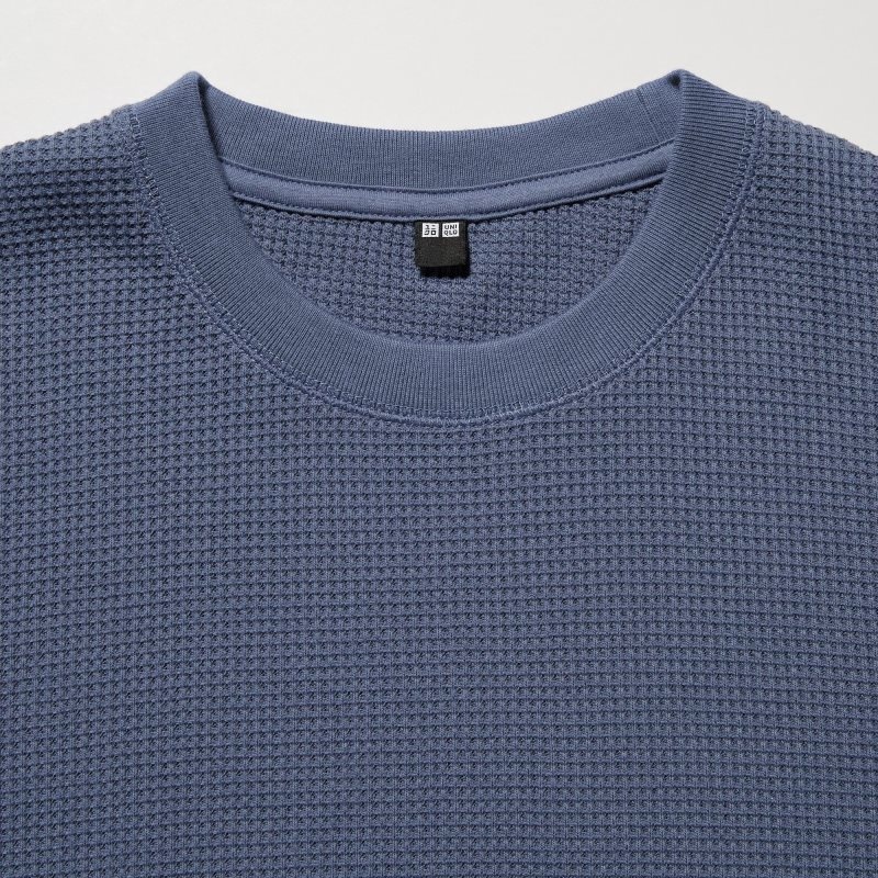 Green Uniqlo Waffle Crew Neck Long-Sleeve Men T Shirts | 5280219