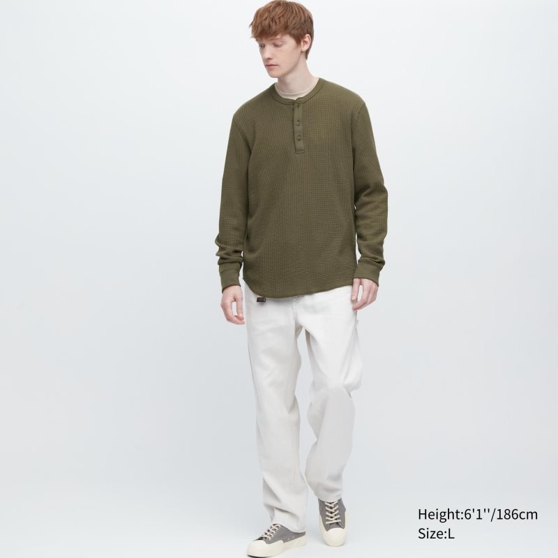 Green Uniqlo Waffle Long-sleeve Henley Men T Shirts | 4960231