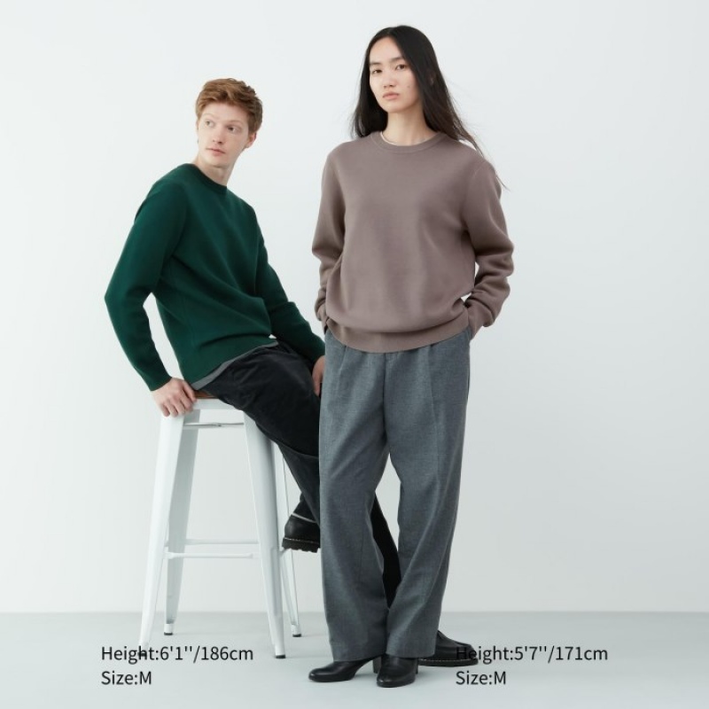 Green Uniqlo Washable Milano Ribbed Crew Neck Long-Sleeve Women Sweaters | 9582186