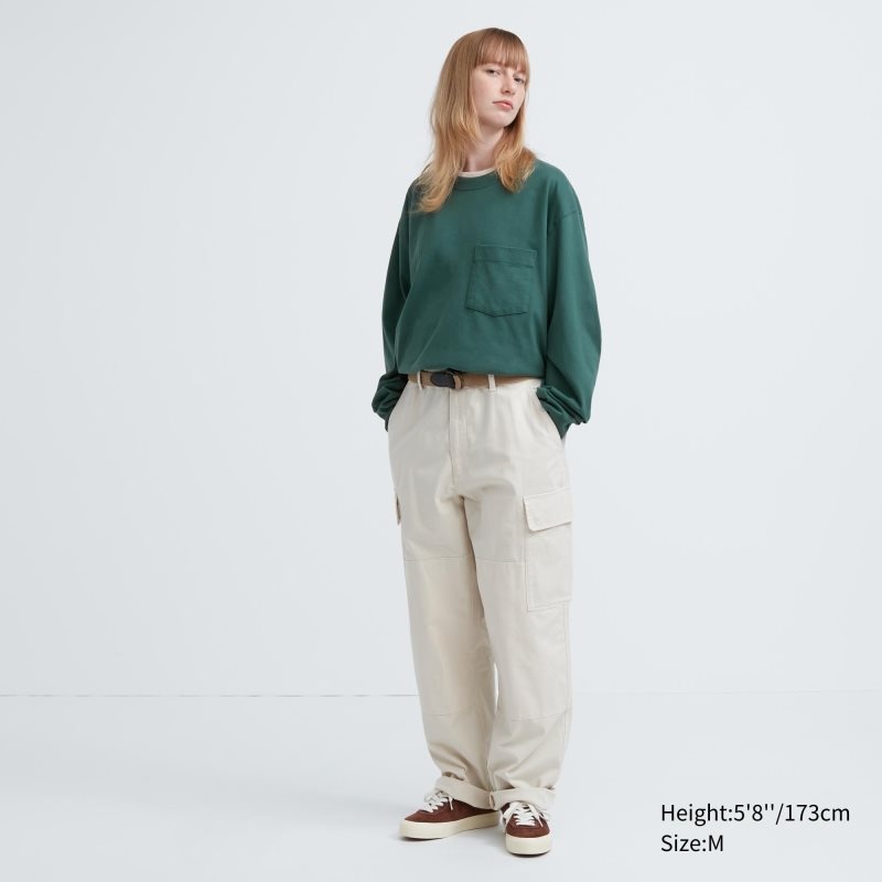 Green Uniqlo Washed Cotton Crew Neck Long-sleeve Men T Shirts | 2374609