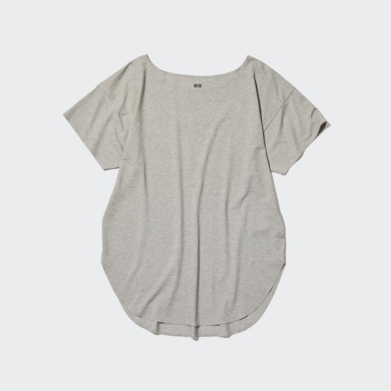 Grey Uniqlo AIRism Seamless Boat Neck Short-Sleeve Long Women T Shirts | 4231103