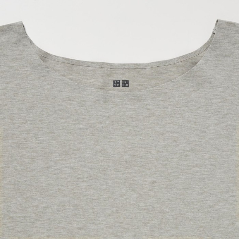 Grey Uniqlo AIRism Seamless Boat Neck Short-Sleeve Long Women T Shirts | 4231103