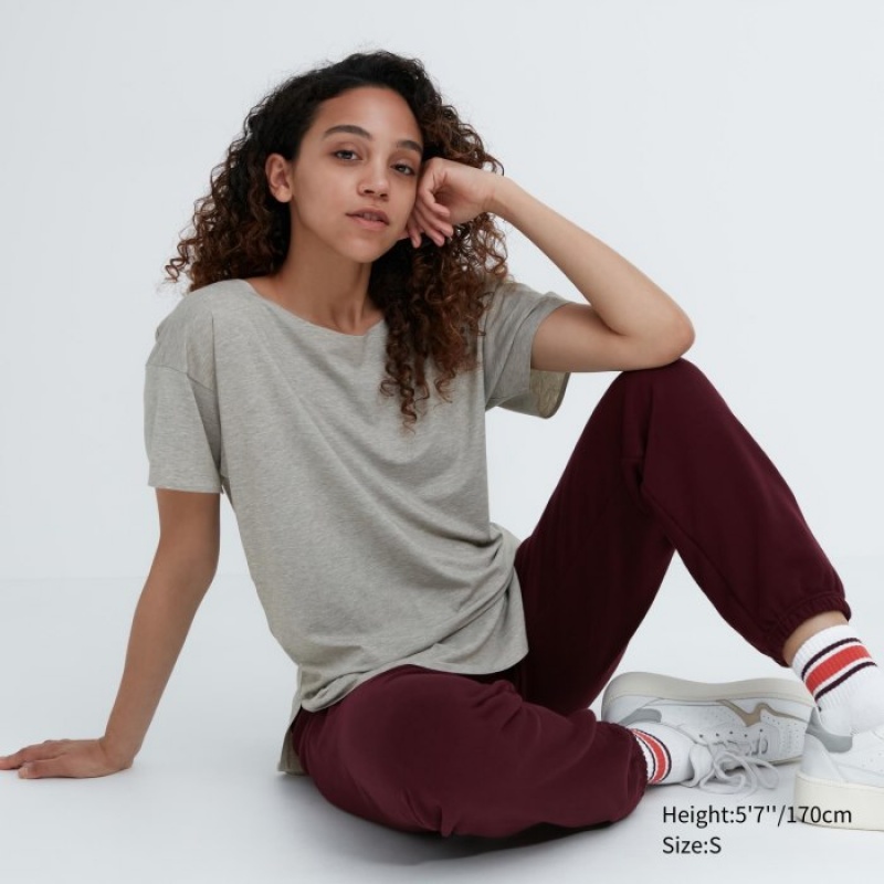 Grey Uniqlo AIRism Seamless Boat Neck Short-Sleeve Long Women T Shirts | 4231103