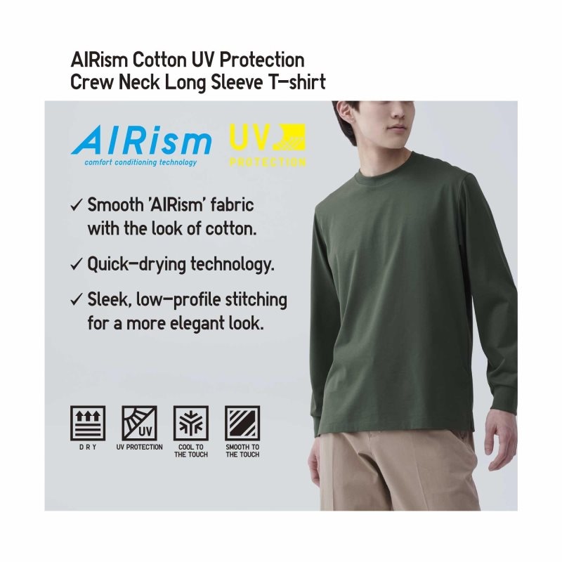 Grey Uniqlo Airism Cotton Uv Protection Crew Neck Long-sleeve Men T Shirts | 4117942