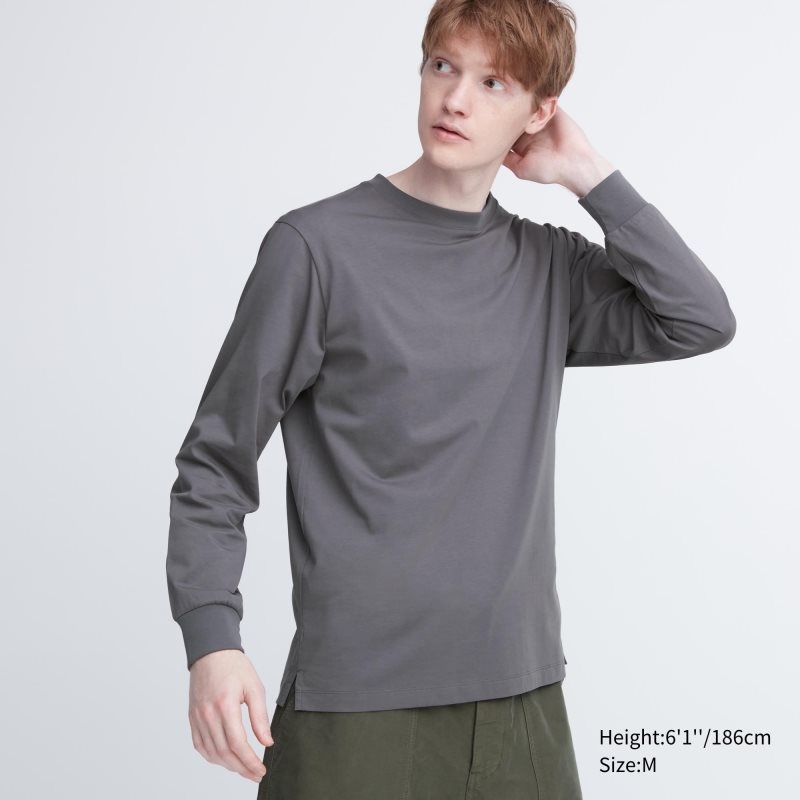 Grey Uniqlo Airism Cotton Uv Protection Crew Neck Long-sleeve Men T Shirts | 4117942