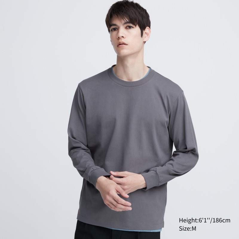 Grey Uniqlo Airism Cotton Uv Protection Crew Neck Men T Shirts | 3119523