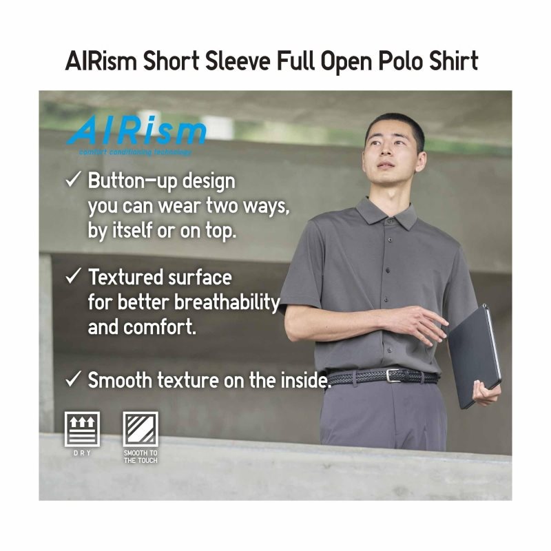 Grey Uniqlo Airism Full Open Short-sleeve Men Polo Shirts | 3593384