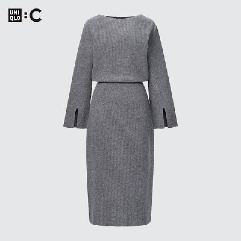 Grey Uniqlo Boat Neck Long-Sleeve Knit Women Dress | 3825821
