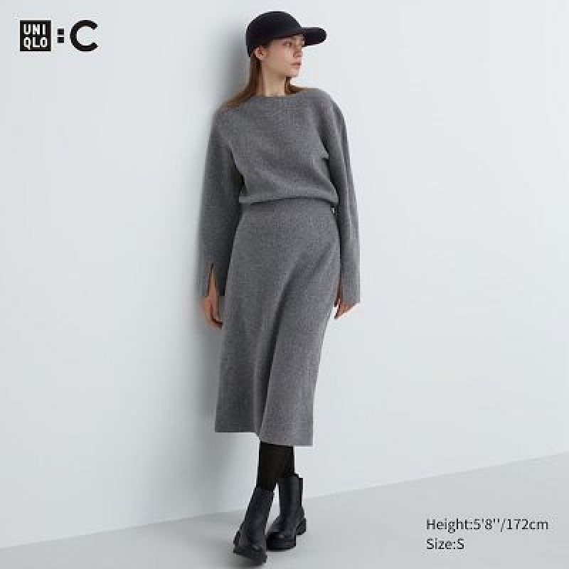 Grey Uniqlo Boat Neck Long-Sleeve Knit Women Dress | 3825821