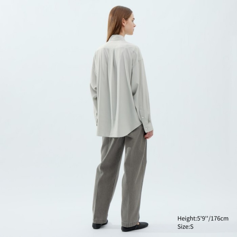 Grey Uniqlo Draped Long-Sleeve Women Shirts | 6429042