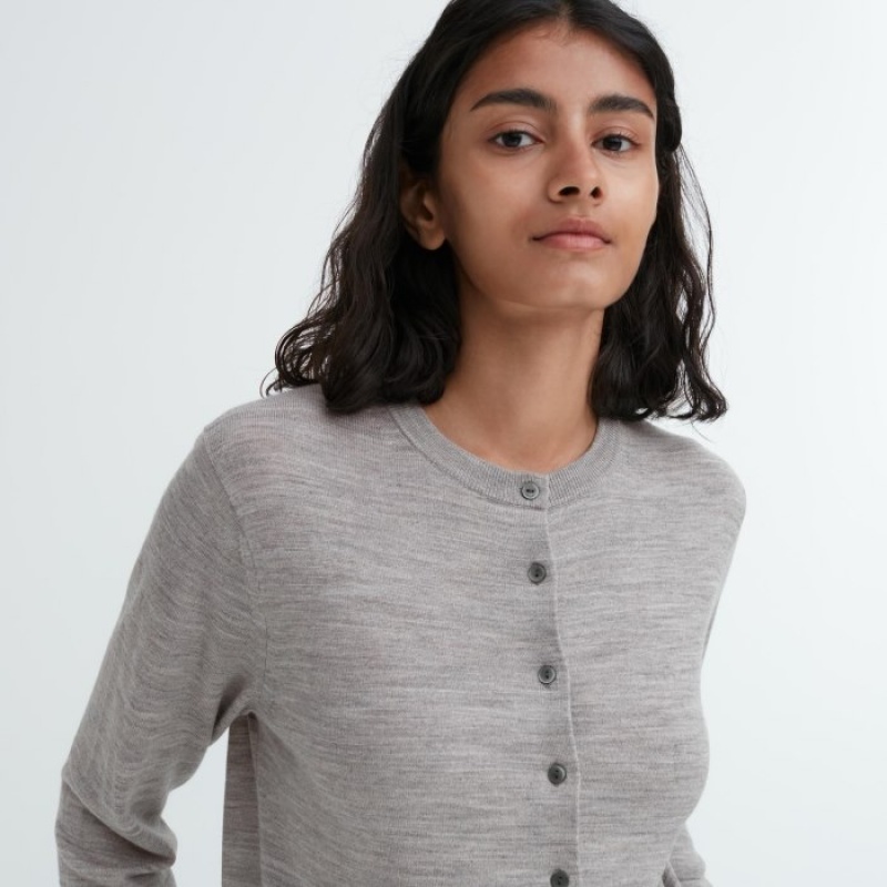 Grey Uniqlo Extra Fine Merino Crew Neck Women Cardigan | 5624301
