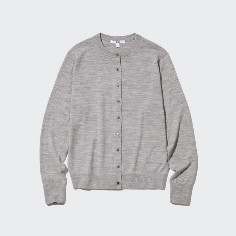 Grey Uniqlo Extra Fine Merino Crew Neck Women Cardigan | 5624301